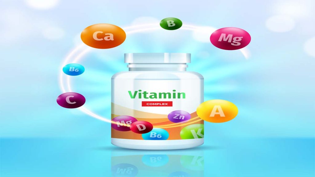 Illustration of vitamins that improve immune system function including Vitamin C, D, A, E, B6, and B12